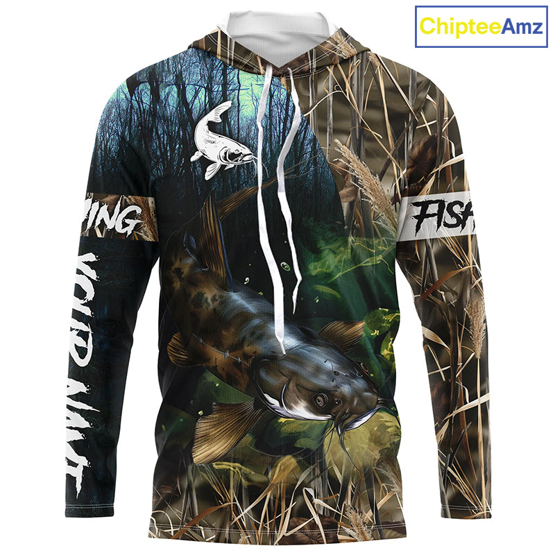 Flathead Catfish Fishing Custom Camouflage long sleeve Fishing Shirt, Personalized Catfish Fishing Gift NQS324