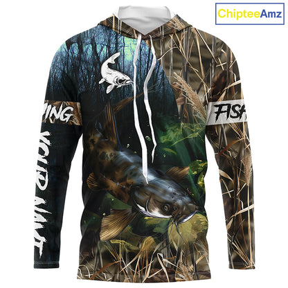 Flathead Catfish Fishing Custom Camouflage long sleeve Fishing Shirt, Personalized Catfish Fishing Gift NQS324