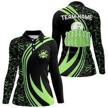 Load image into Gallery viewer, Black Women bowling Polo shirt Custom Green neon team league bowling jerseys, gifts for bowlers NQS7535