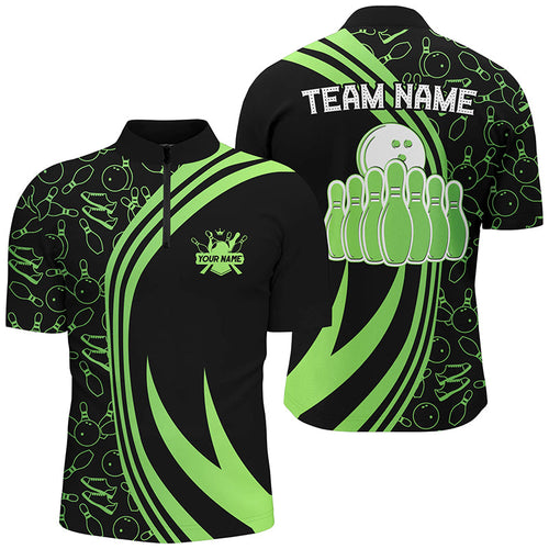 Black Mens bowling Quarter-Zip shirt Custom Green neon team league bowling jerseys, gifts for bowlers NQS7535