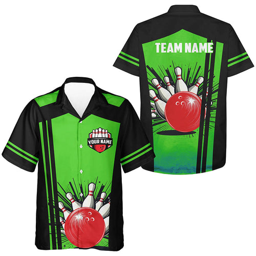 Personalized black and green retro Bowling hawaiian shirts, Team button up shirts gift for Bowler NQS7688