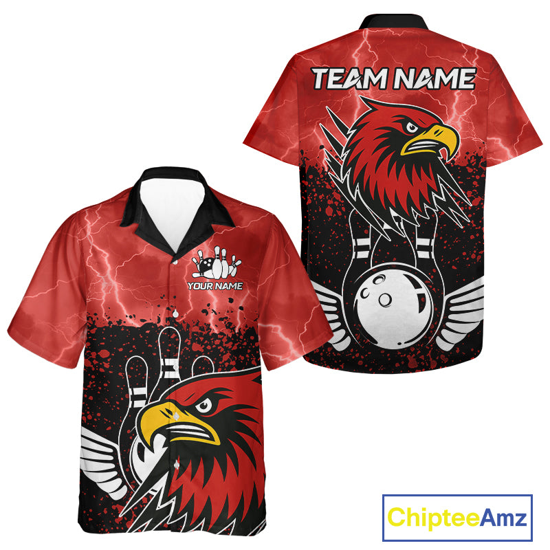 Black and Red Lightning thunder Eagle Bowling Hawaiian Shirts Custom Team bowling button up shirt NQS10022