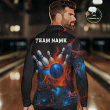 Load image into Gallery viewer, Blue and Orange Flame Bowling Polo, Quarter Zip Shirts for Men Custom Team bowling outfit uniform NQS10026