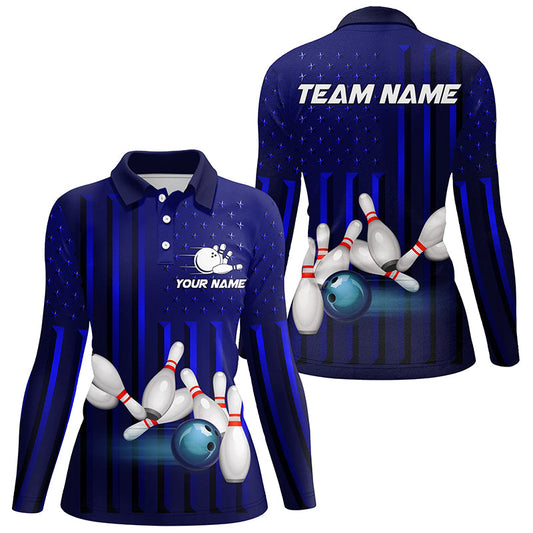 Blue American Flag patriotic Bowling Polo, 1/4 Zip Shirts For Women, custom team bowling shirts NQS8362