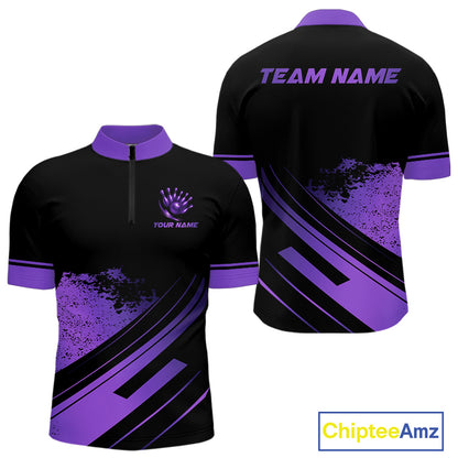 Custom Black And Purple Bowling Team Polo, Quarter-Zip Shirts For Men, Personalized Bowling Jerseys NQS10541