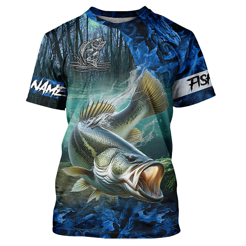 Largemouth bass Fishing blue camo customize name UV protection long sleeves shirts fishing apparel NQS2310