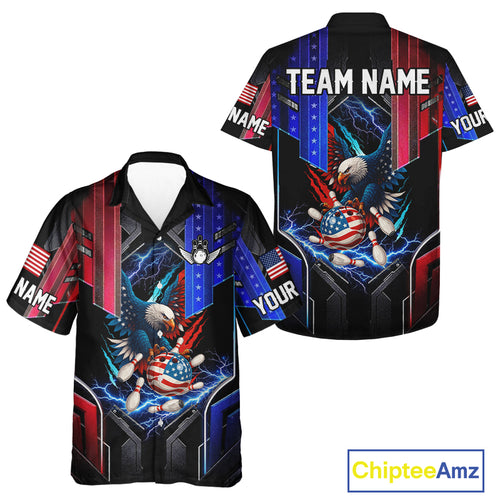 American flag Hawaiian bowling jersey Custom patriotic Lightning Thunder Eagle Bowling shirts NQS10958