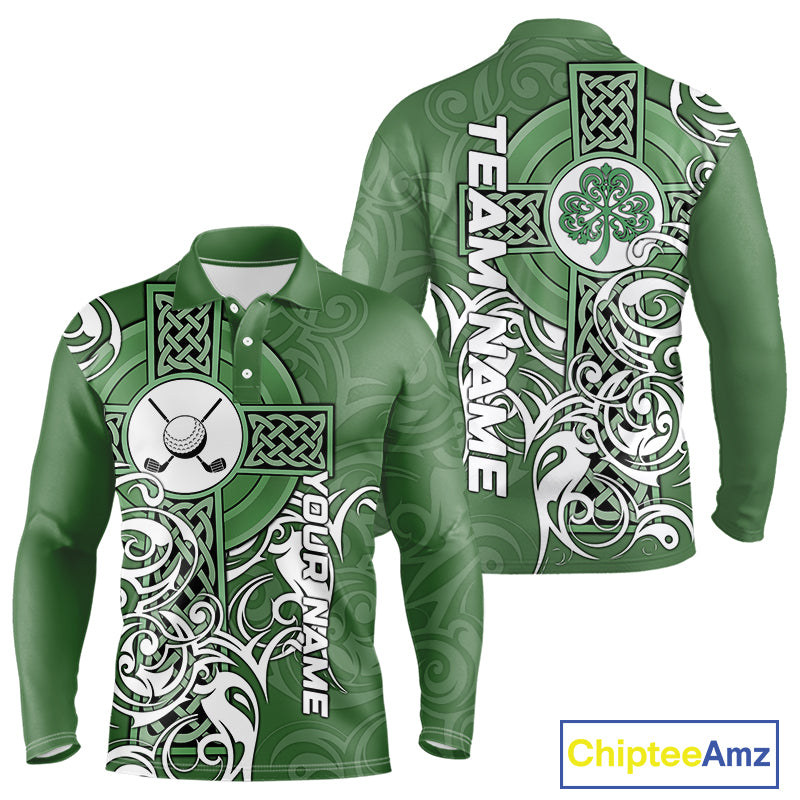 Green Irish Tribal Cross St Patrick's Day Mens Golf Polo Shirts Custom Lucky Golf Team Jerseys NQS11335