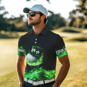 Personalized Green Flame Smoke Lucky clover golf polo shirts for men custom St Patrick Day golf shirts NQS9450