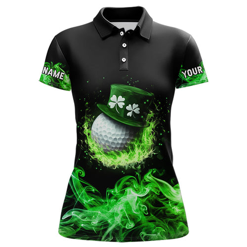 Personalized Green Flame Smoke Lucky clover golf polo shirt for Women custom St Patrick Day golf shirt NQS9450