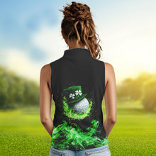 Load image into Gallery viewer, Personalized Green Flame Smoke Lucky clover Sleeveless golf polos custom St Patrick Day golf shirt NQS9450