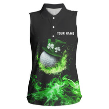 Load image into Gallery viewer, Personalized Green Flame Smoke Lucky clover Sleeveless golf polos custom St Patrick Day golf shirt NQS9450