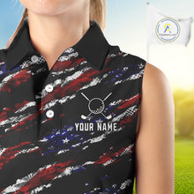 Load image into Gallery viewer, Black American Flag pattern Sleeveless Golf Polo shirts for Women custom ladies patriotic golf shirts NQS11553