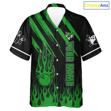 Load image into Gallery viewer, Black and Green Flame Retro Bowling Button-up Shirt Custom Vintage Team Hawaiian Bowling Jersey NQS11677