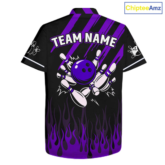 Black and Purple Flame Retro Bowling Button-up Shirt Custom Vintage Team Hawaiian Bowling Jersey NQS11679