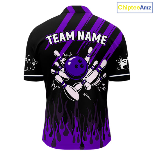 Black and Purple Flame Retro Bowling Polo, 1/4 Zip Shirt for Men Custom Vintage Team Bowling Jersey NQS11679