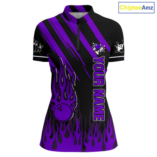 Black and Purple Flame Retro Bowling Polo, 1/4 Zip Shirt for Women Custom Vintage Team Bowling Jersey NQS11679