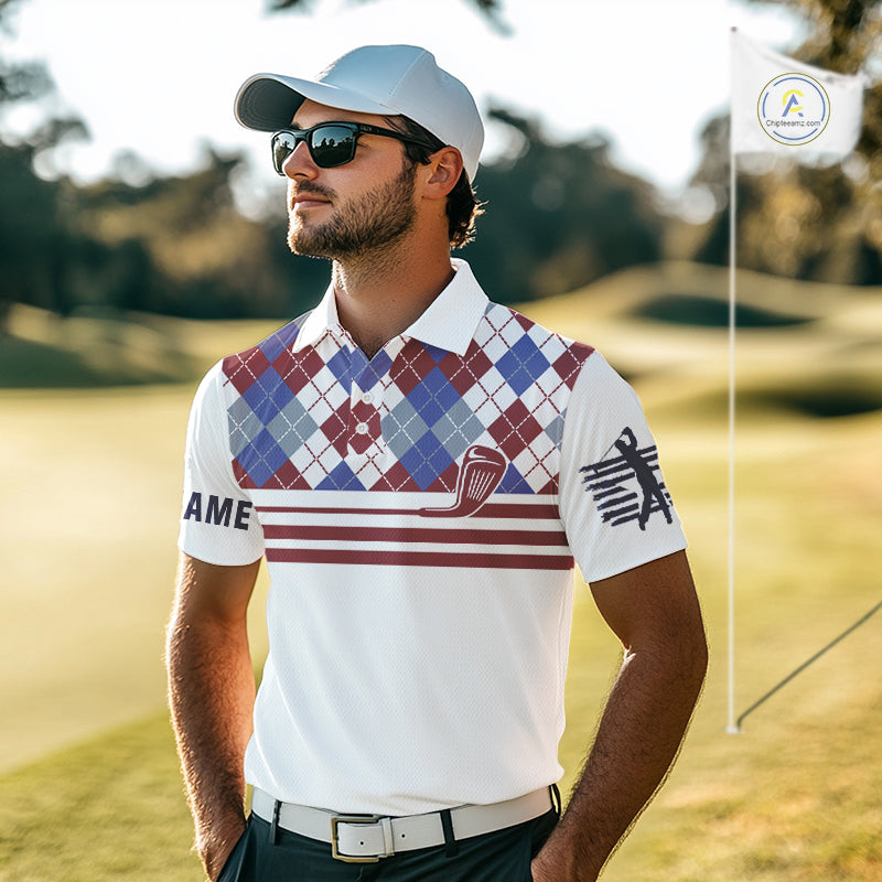 Red, White and Blue argyle pattern golf clubs Mens Golf polo shirts Custom golf attire for men NQS10030