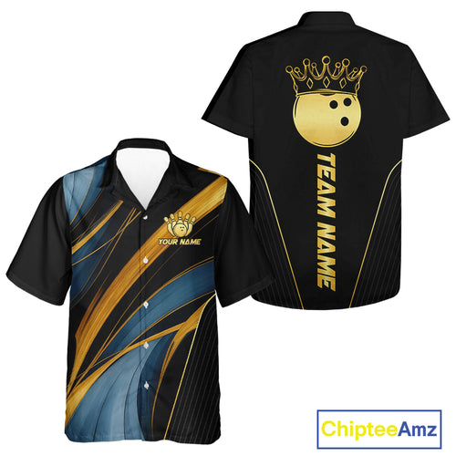 Blue and Gold Bowling ball Hawaiian Shirts Custom Bowling Outfit Team bowlers button up shirts NQS10032