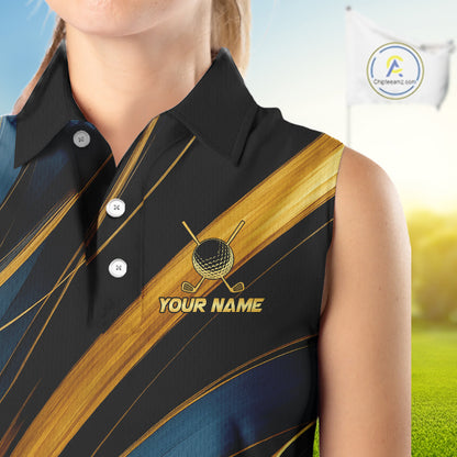 Blue and Gold Women Sleeveless Golf polo shirts Custom Golf Outfit For Ladies Team Golf shirt | Black NQS10033