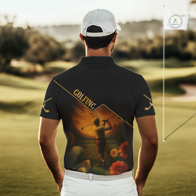 Black & Gold Golf polo shirt for men Custom  Mens golf tops, gift for golfers NQS10339