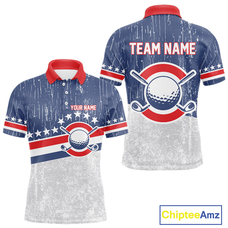 Red, White and Blue Grunge Mens Golf Polo Shirts Custom Patriotic Team Golf Outfit For Men NQS11344
