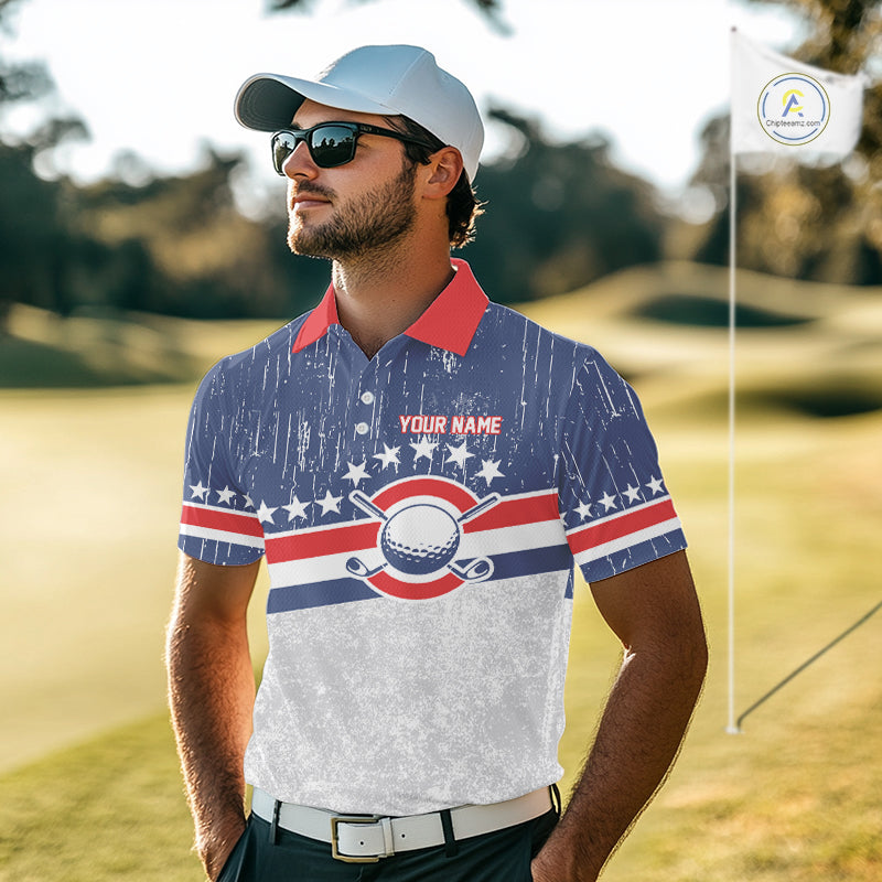 Red, White and Blue Grunge Mens Golf Polo Shirts Custom Patriotic Team Golf Outfit For Men NQS11344