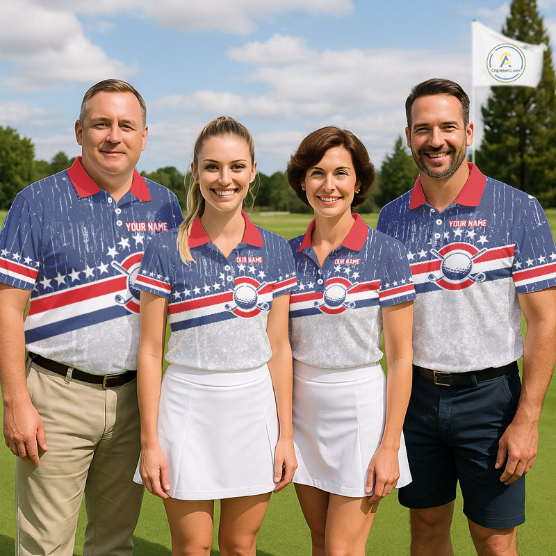 Red, White and Blue Grunge Mens Golf Polo Shirts Custom Patriotic Team Golf Outfit For Men NQS11344