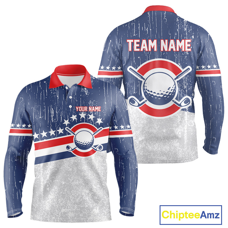 Red, White and Blue Grunge Mens Golf Polo Shirts Custom Patriotic Team Golf Outfit For Men NQS11344
