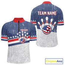 Load image into Gallery viewer, Red, White and Blue Grunge American Flag Bowling Shirts For Men Custom Patriotic Team Bowling jersey NQS11345