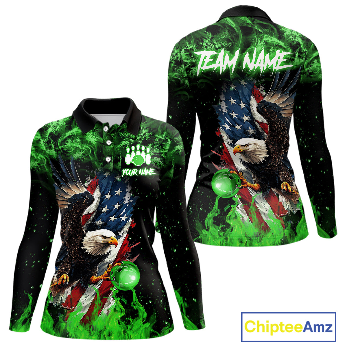 Green Flame American Flag Eagle bowling shirts for Women Custom Bowling Team Jersey, gift for Bowler NQS11555