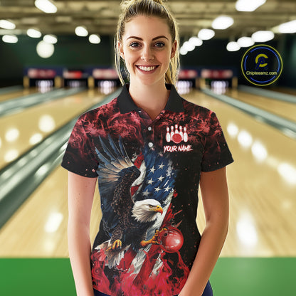 Red Flame American Flag Eagle bowling shirts for Women Custom Bowling Team Jersey, gift for Bowler NQS11556