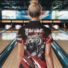 Load image into Gallery viewer, Black and Red Lightning Thunder Tiger Bowling Polo, 1/4 Zip Jersey for Women, Bowling Team shirts NQS11571