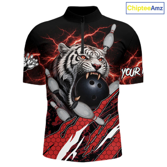 Black and Red Lightning Thunder Tiger Bowling Polo, 1/4 Zip Jersey for Men, Tiger Bowling Team shirts NQS11571