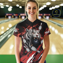 Load image into Gallery viewer, Black and Red Lightning Thunder Tiger Bowling Polo, 1/4 Zip Jersey for Women, Bowling Team shirts NQS11571