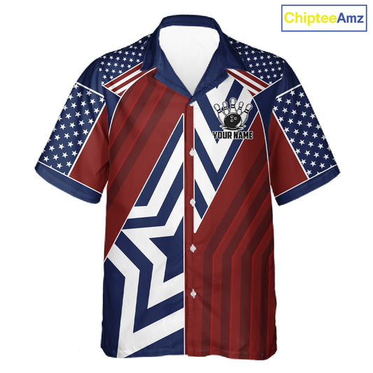Red, White and Blue American Flag Flame Bowling Hawaiian shirt Custom patriotic Team Bowling Jersey NQS11558