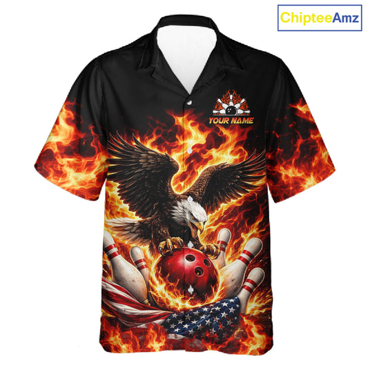 Custom Flame American Flag Eagle Bowling Hawaiian Shirts, Patriotic Eagle Bowling Team Jerseys NQS11560