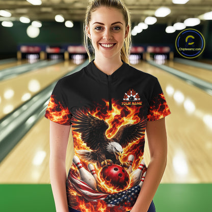 Custom Flame American Flag Eagle Bowling Shirts, Patriotic Eagle Bowling Team Jerseys For Women NQS11560