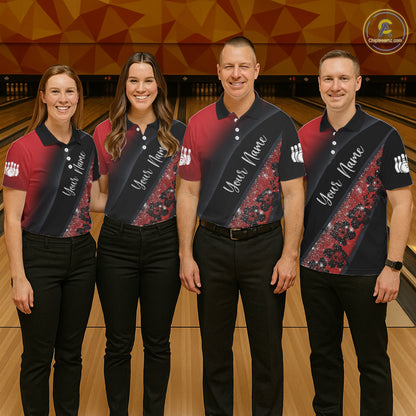 Black and Red Glitter Flower Bowling Polo, Quarter Zip Shirt for Men Custom Bowling Team Jerseys NQS11686