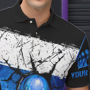 Black, White and Blue Retro broken Bowling ball Polo, 1/4 Zip Shirt For Men Custom Bowling Team Shirts NQS9789