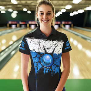 Black, White & Blue Retro broken Bowling ball Polo, 1/4 Zip Shirt For Women Custom Bowling Team Shirts NQS9789