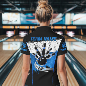 Black, White & Blue Retro broken Bowling ball Polo, 1/4 Zip Shirt For Women Custom Bowling Team Shirts NQS9789