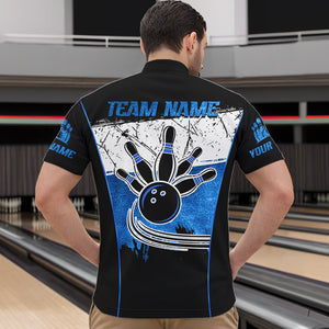 Black, White and Blue Retro broken Bowling ball Polo, 1/4 Zip Shirt For Men Custom Bowling Team Shirts NQS9789