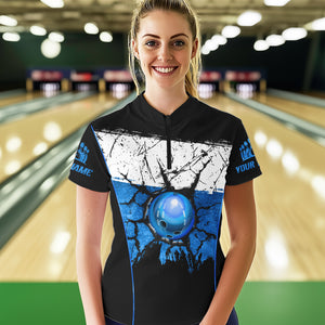 Black, White & Blue Retro broken Bowling ball Polo, 1/4 Zip Shirt For Women Custom Bowling Team Shirts NQS9789