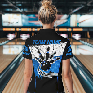 Black, White & Blue Retro broken Bowling ball Polo, 1/4 Zip Shirt For Women Custom Bowling Team Shirts NQS9789