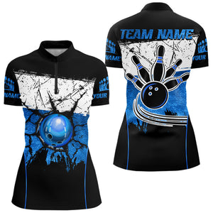 Black, White & Blue Retro broken Bowling ball Polo, 1/4 Zip Shirt For Women Custom Bowling Team Shirts NQS9789