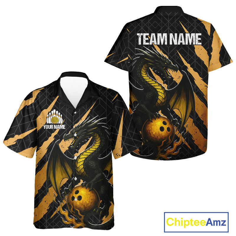 Black and Gold Dragon Bowling Hawaiian Shirts Custom Bowling Outfit Team jersey NQS10037