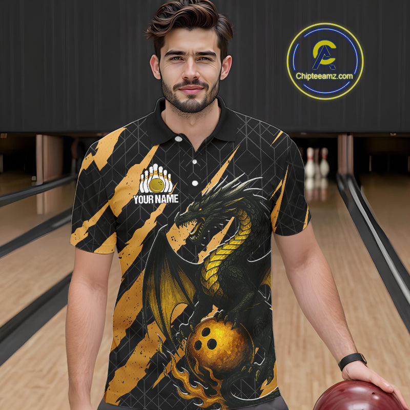 Black and Gold Dragon Bowling Polo, Quarter Zip Shirts for Men Custom Bowling Outfit Team jersey NQS10037