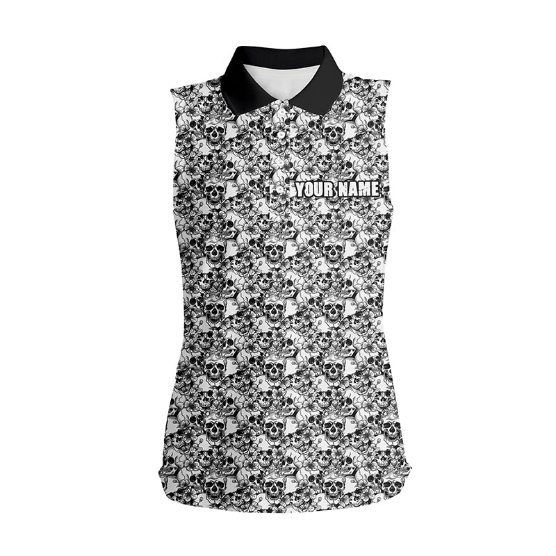 Black and white Womens sleeveless polo shirt custom name skull pattern women's golf outfit NQS6030