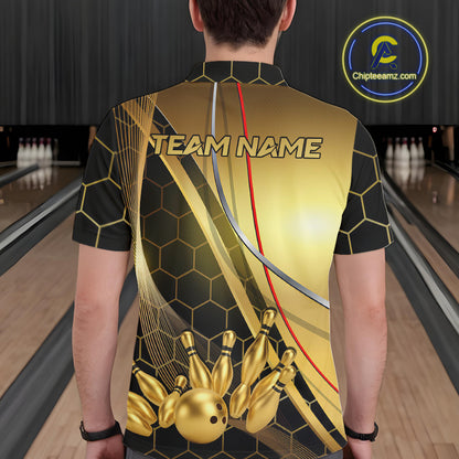Custom Black and Gold Bowling Polo, Quarter Zip Shirts For Men, Bowling Team League Jersey NQS10346